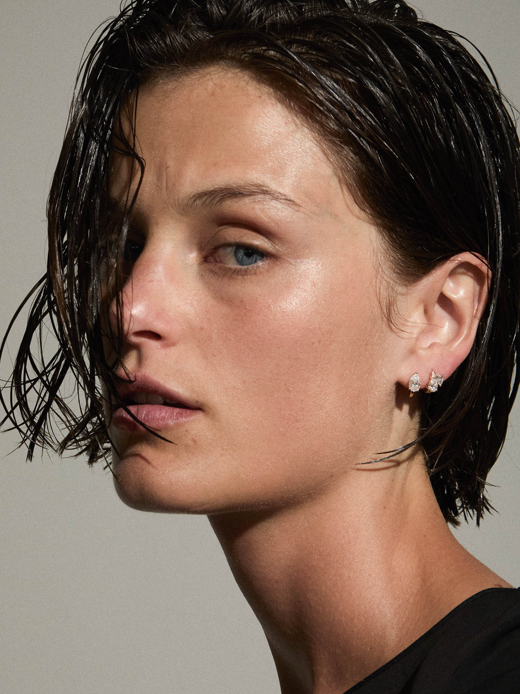 14K DOUBLE PEAR-CUT HUGGIE EARRING IN LAB DIAMOND, 14K WHITE GOLD