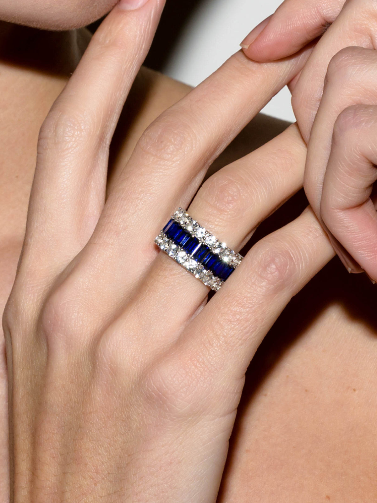 MAXIME THREE-ROW ETERNITY BAND IN LAB BLUE SAPPHIRE AND MOISSANITE