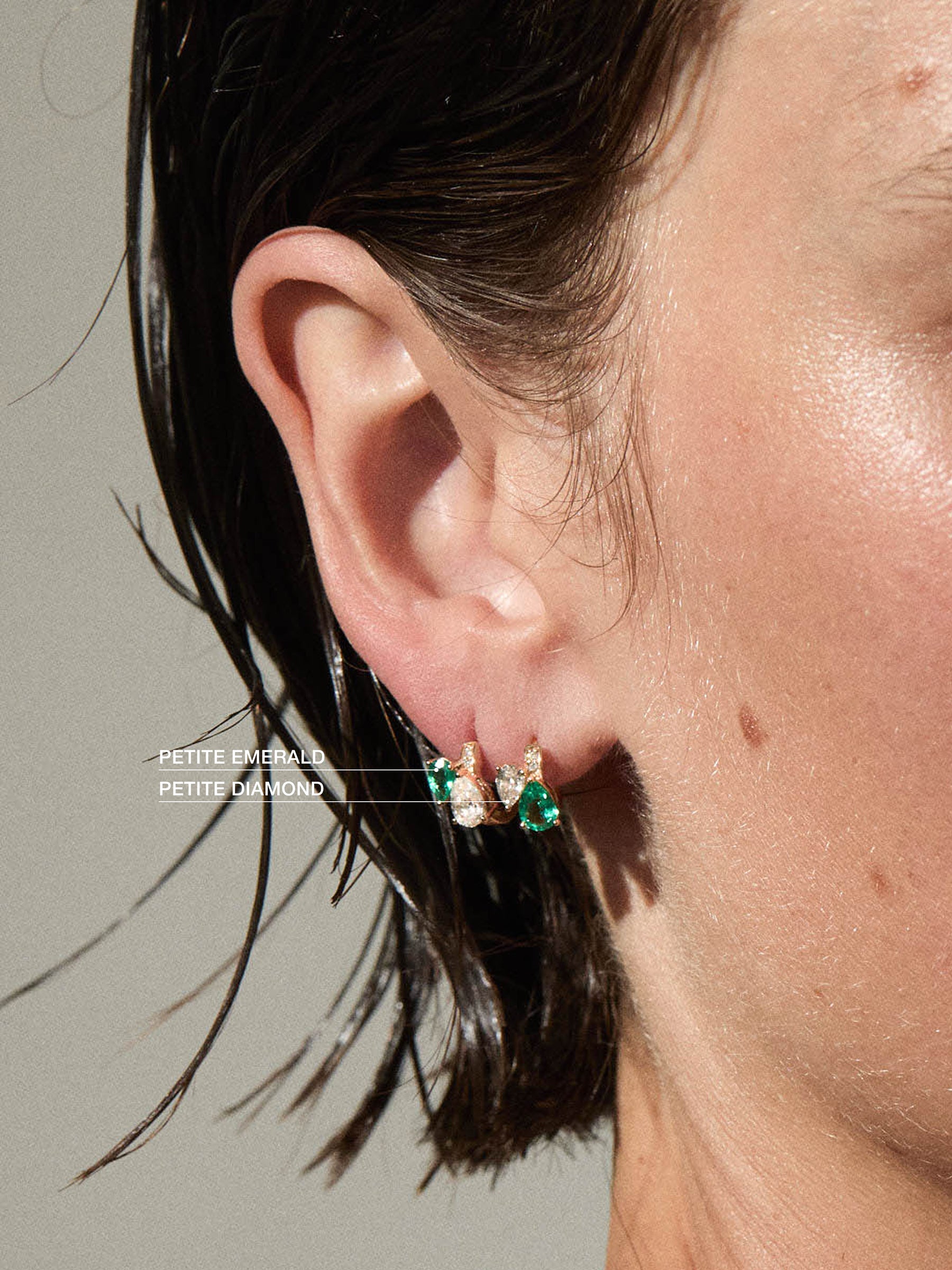 14K DOUBLE PEAR-CUT HUGGIE EARRING IN LAB EMERALD AND PETITE LAB DIAMOND, 14K YELLOW GOLD
