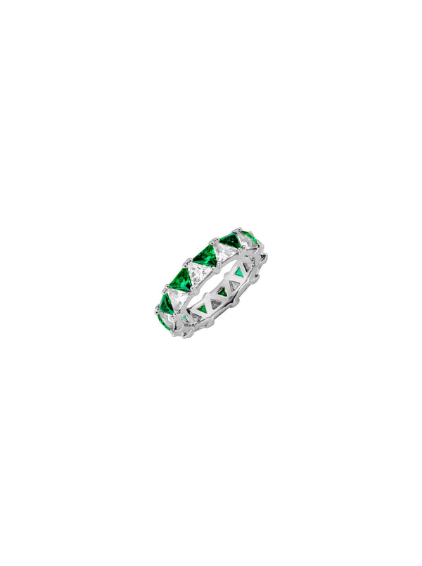THEODORA DOUBLE TRILLION, LAB-GROWN WHITE SAPPHIRE AND EMERALD SILVER RING