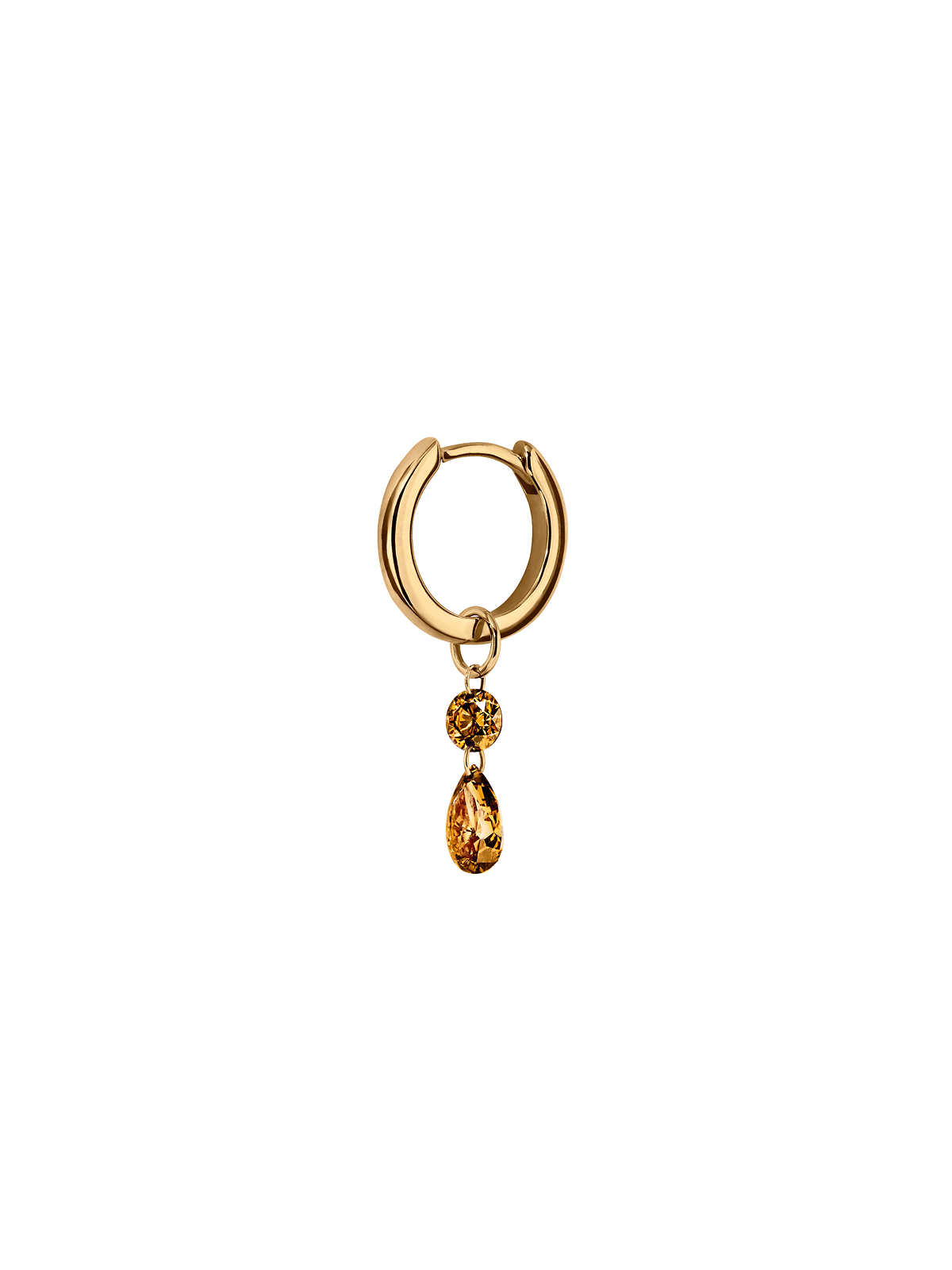 14K FLOATING ROUND & PEAR HUGGIE EARRING IN AMBER LAB DIAMOND, 14K YELLOW GOLD
