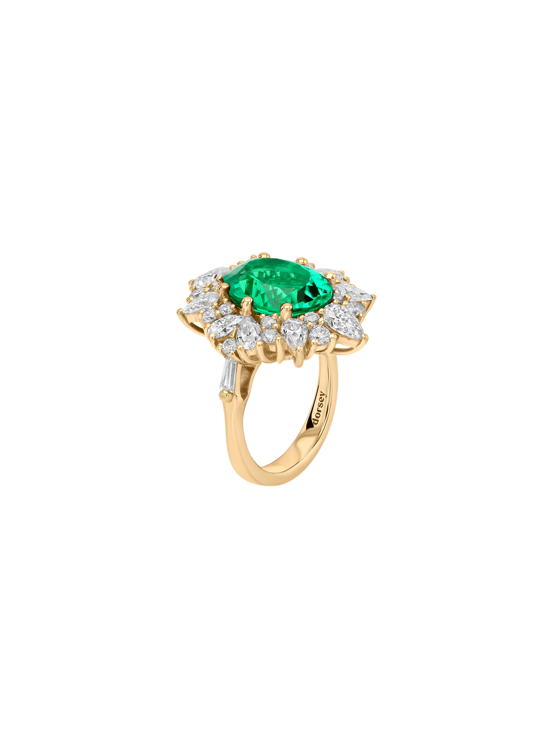 14K HOUGHTON RING IN LAB EMERALD AND LAB DIAMOND, 14K YELLOW GOLD