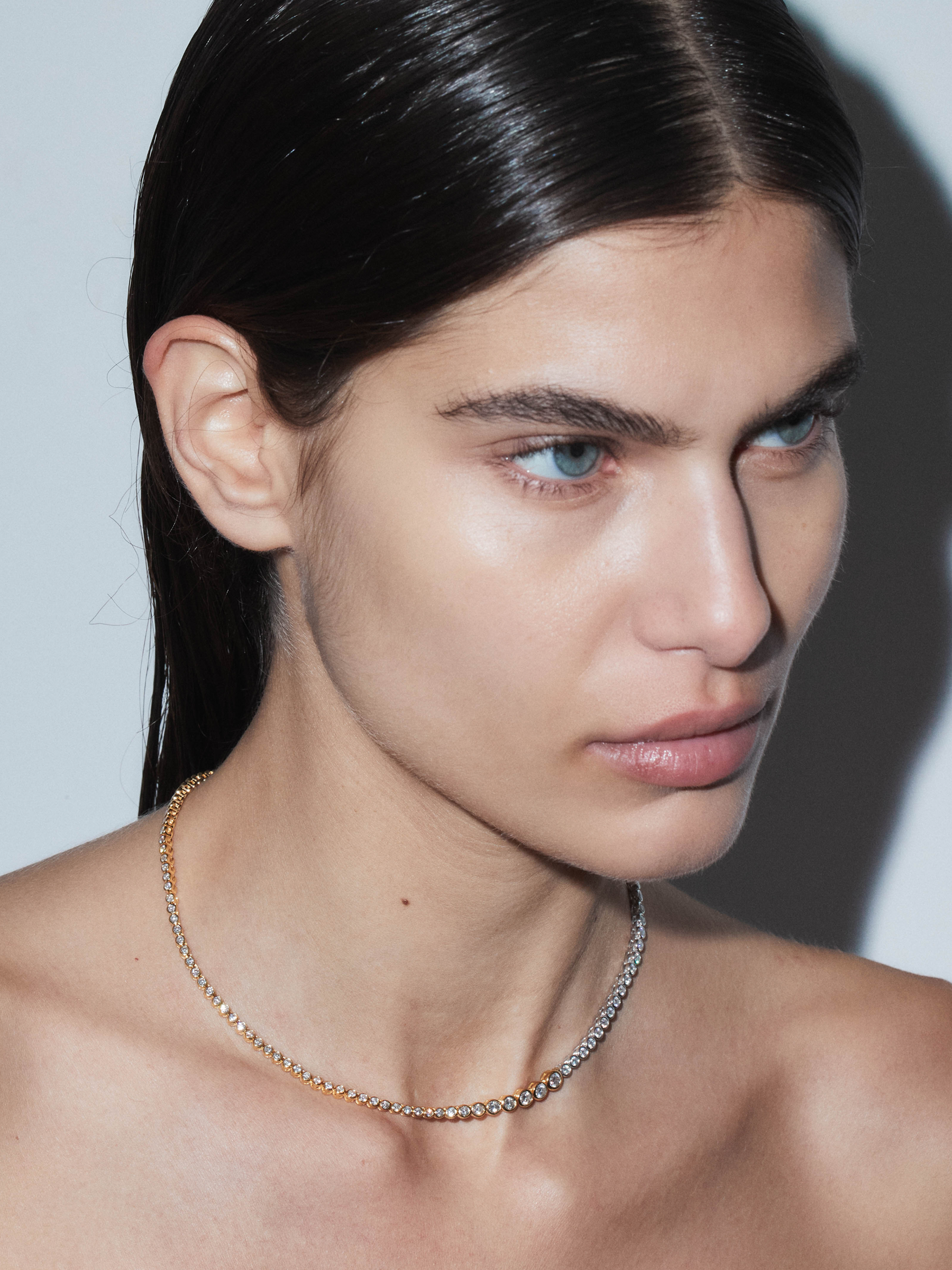 JAMES TWO-TONE GRADUATED BEZEL RIVIÈRE NECKLACE IN MOISSANITE, GOLD VERMEIL AND STERLING SILVER