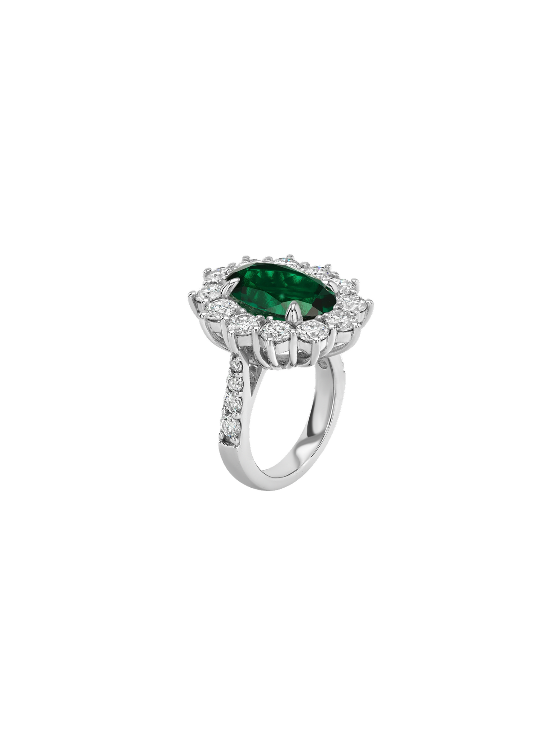 14K SPENCER RING IN DEEP LAB EMERALD AND LAB DIAMOND, 14K WHITE GOLD