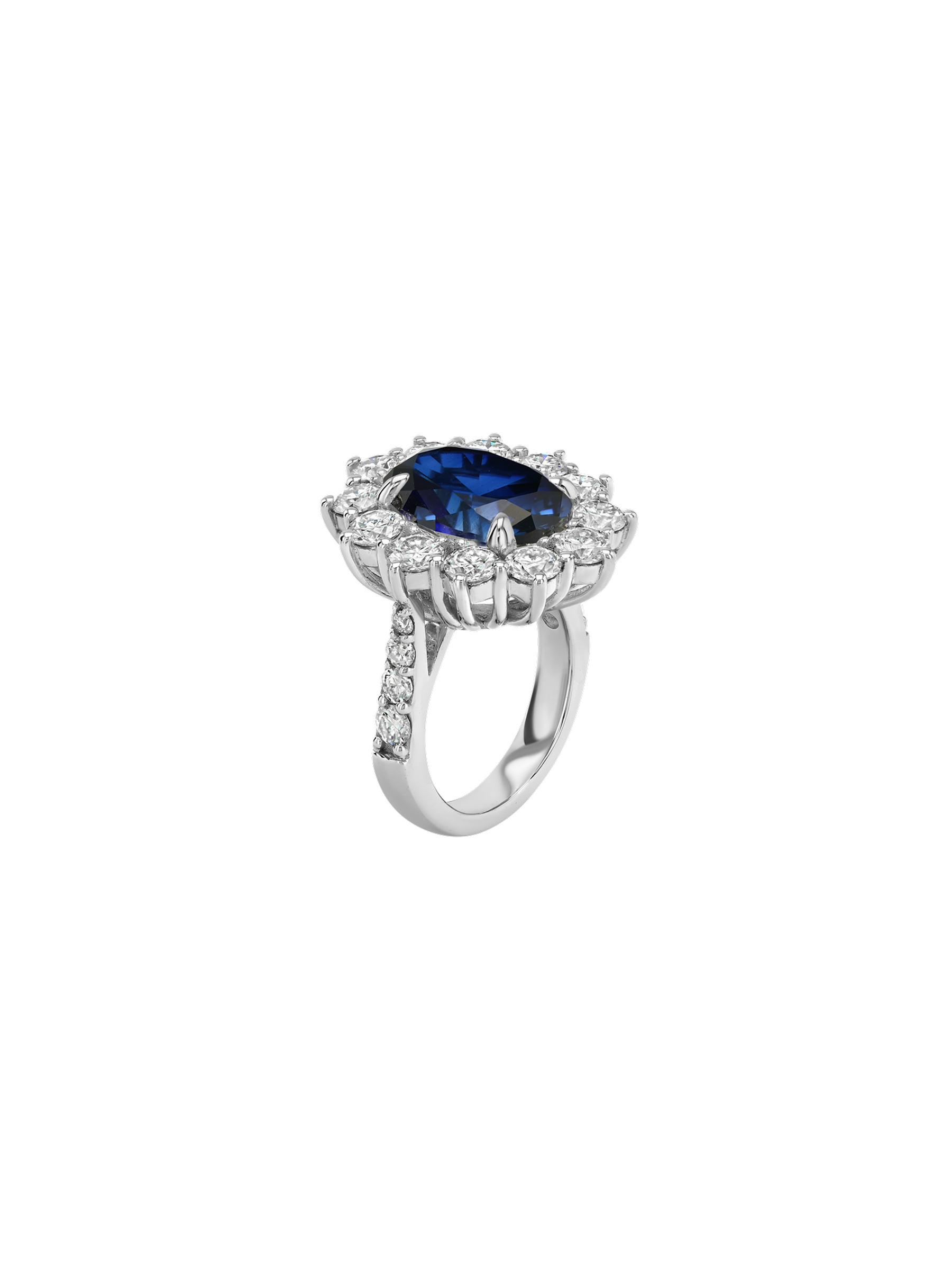14K SPENCER RING IN LAB BLUE SAPPHIRE AND LAB DIAMOND, 14K WHITE GOLD