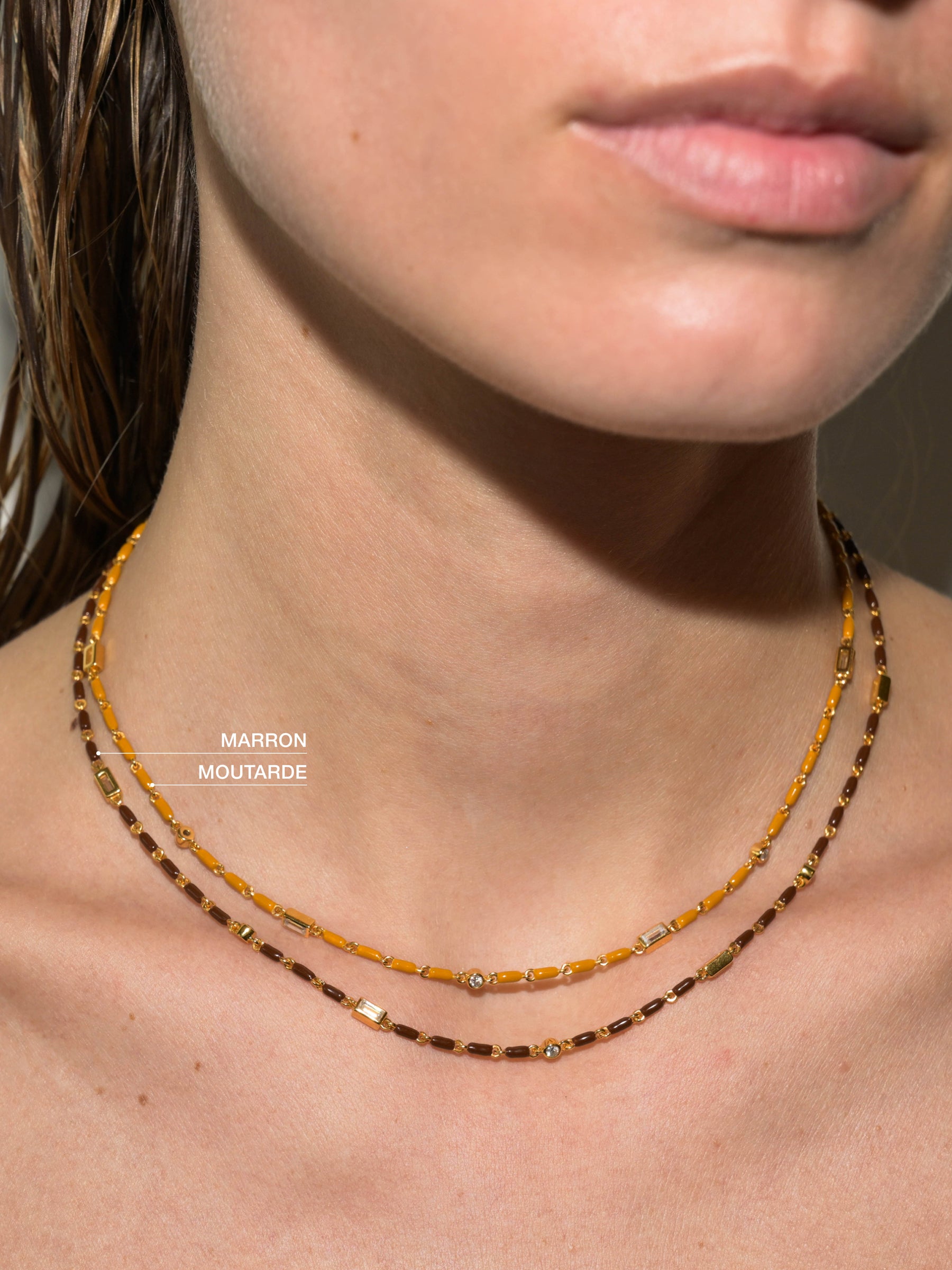 ENAMEL MOISSANITE NECKLACE IN MOUTARDE, 18K GOLD VERMEIL