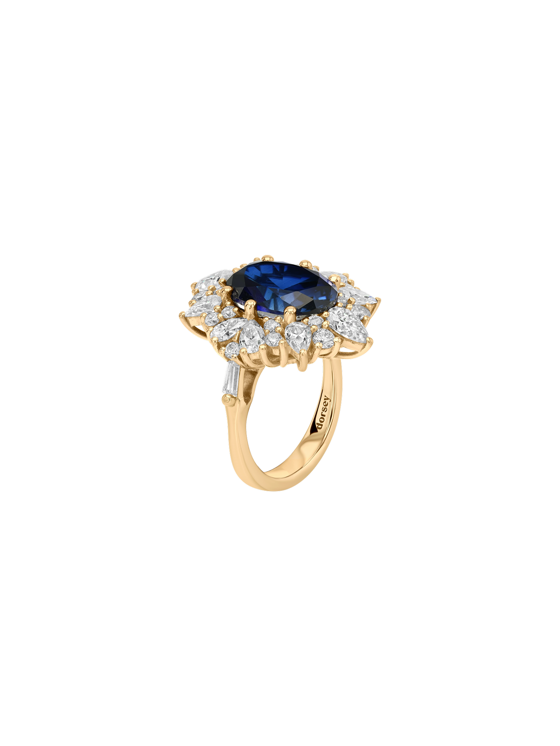 HOUGHTON RING IN LAB BLUE SAPPHIRE AND MOISSANITE, GOLD VERMEIL
