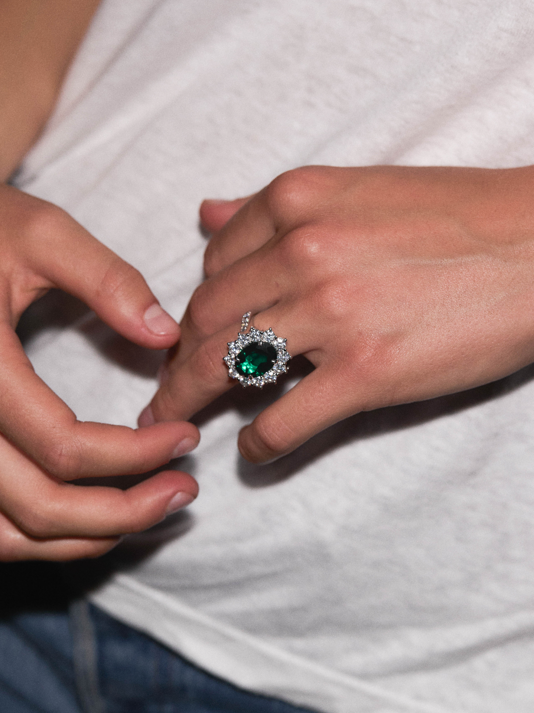 SPENCER RING IN DEEP LAB EMERALD AND MOISSANITE, GOLD VERMEIL