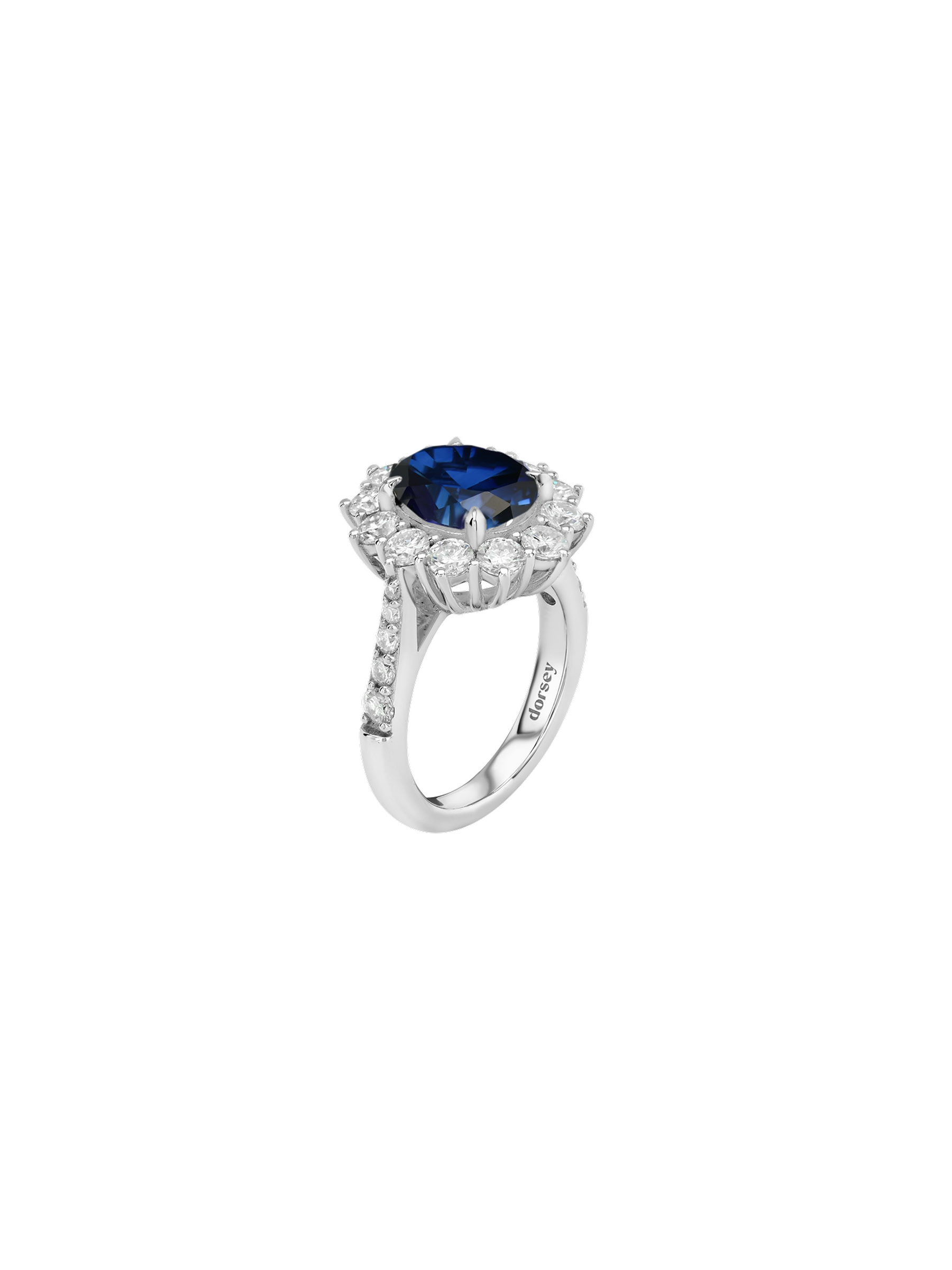 PETITE SPENCER RING IN LAB BLUE SAPPHIRE AND MOISSANITE, STERLING SILVER