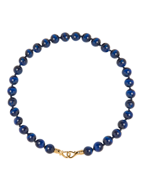 BLUE TIGER'S EYE BEAD & HOOK NECKLACE, GOLD