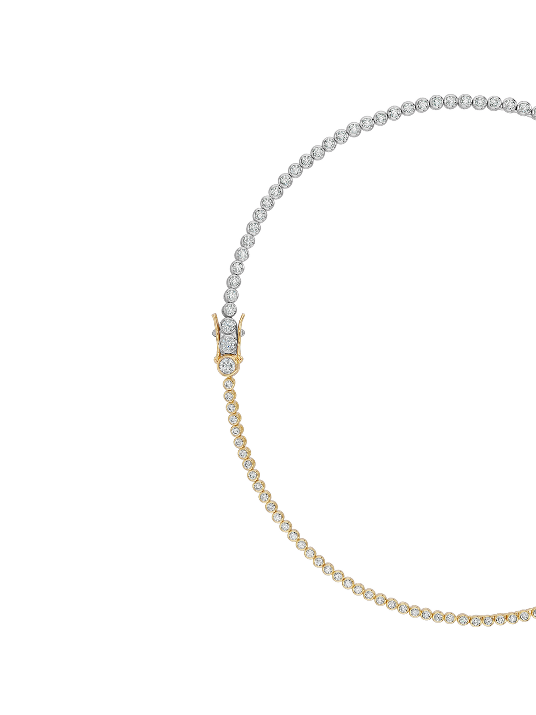 JAMES TWO-TONE GRADUATED BEZEL RIVIÈRE NECKLACE IN MOISSANITE, 14K GOLD VERMEIL, STERLING SILVER