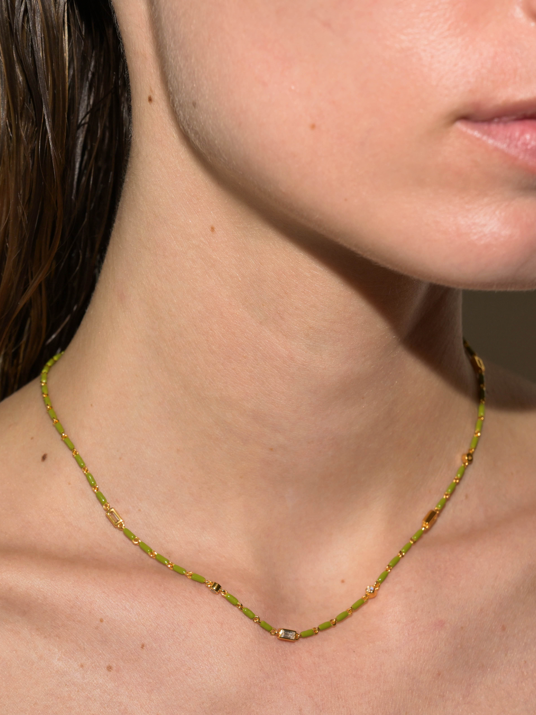 ENAMEL MOISSANITE NECKLACE IN OLIVE, 18K GOLD VERMEIL