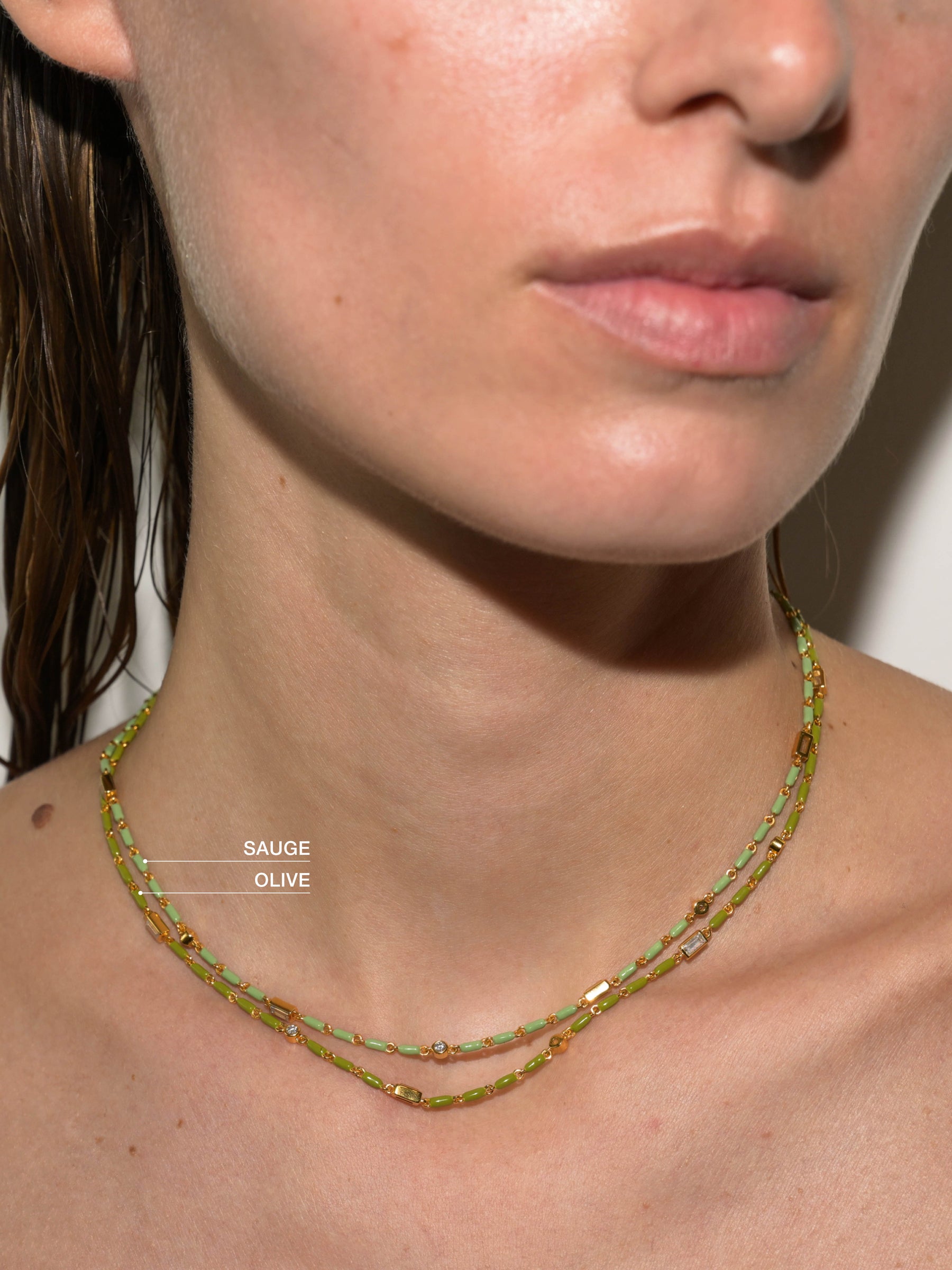 ENAMEL MOISSANITE NECKLACE IN OLIVE, 18K GOLD VERMEIL
