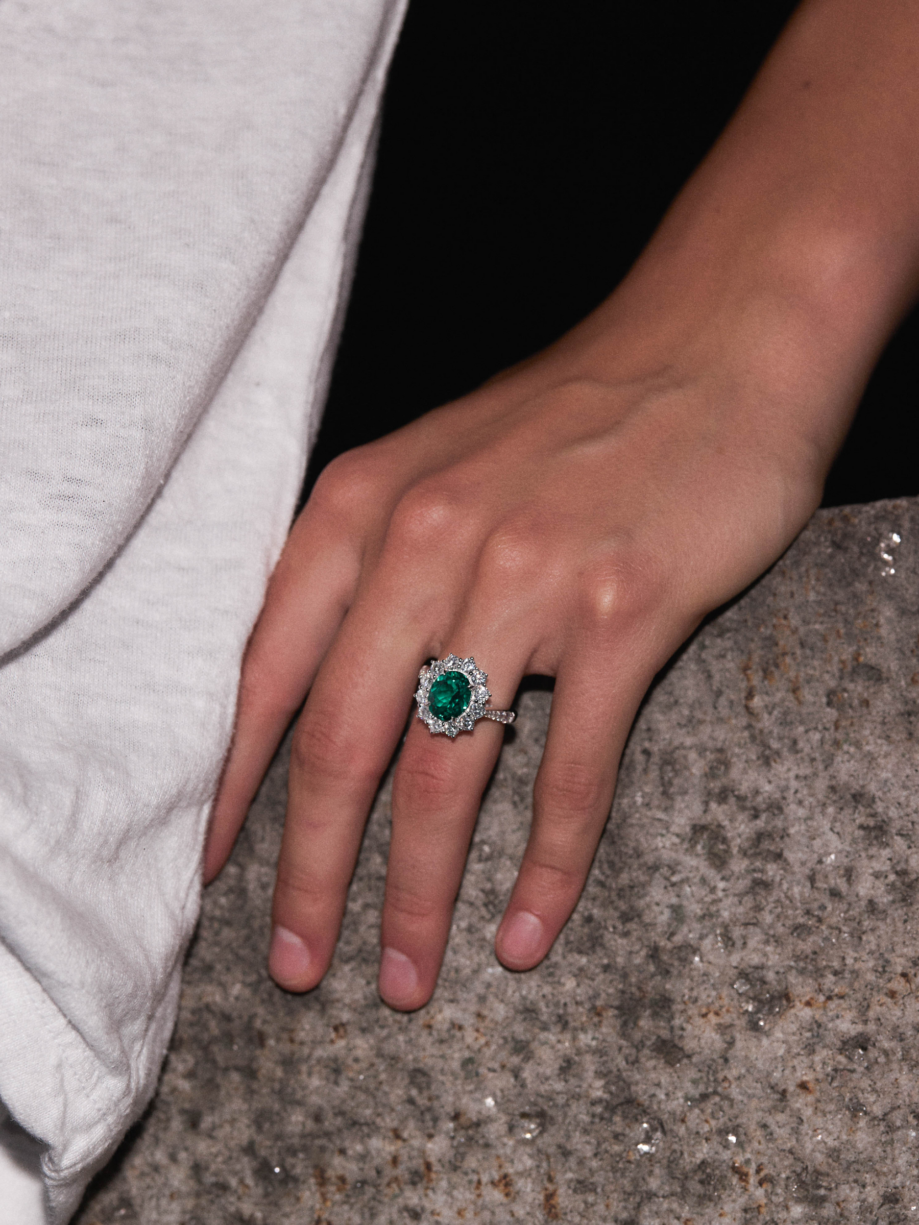 14K PETITE SPENCER RING IN LAB EMERALD AND LAB DIAMOND, 14K WHITE GOLD