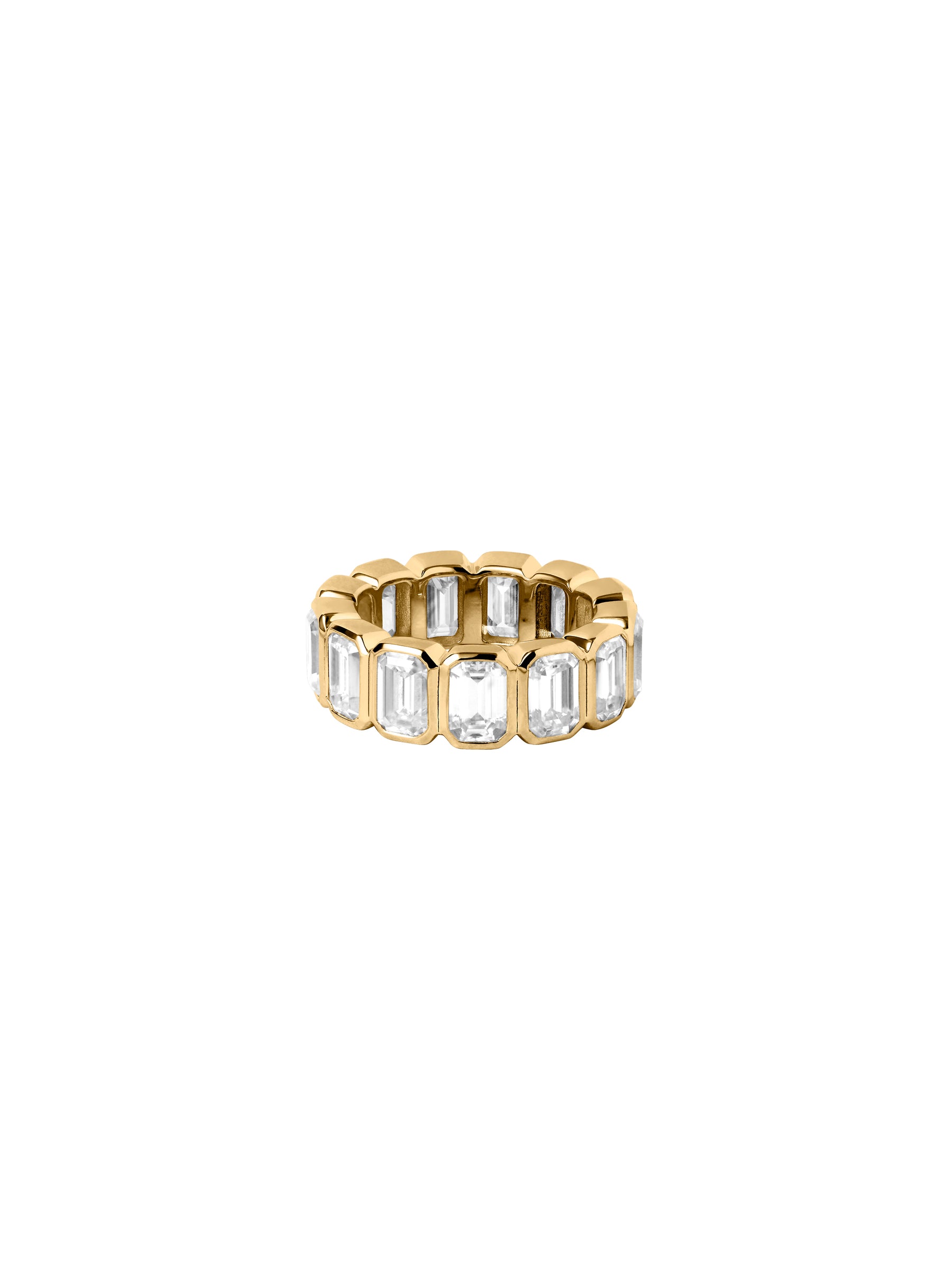 EMERALD-CUT BEZEL ETERNITY BAND IN MOISSANITE, 18K GOLD VERMEIL