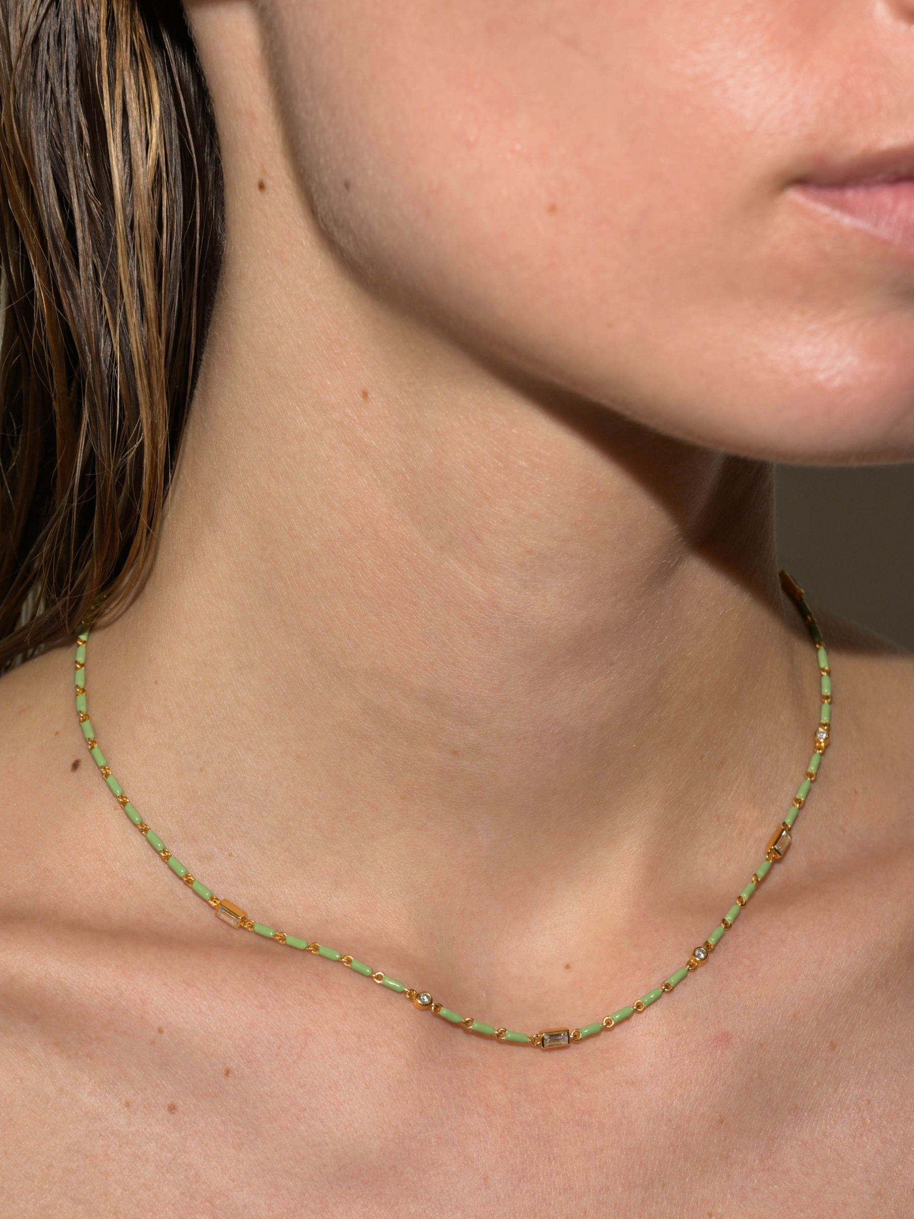 ENAMEL MOISSANITE NECKLACE IN SAUGE, 18K GOLD VERMEIL