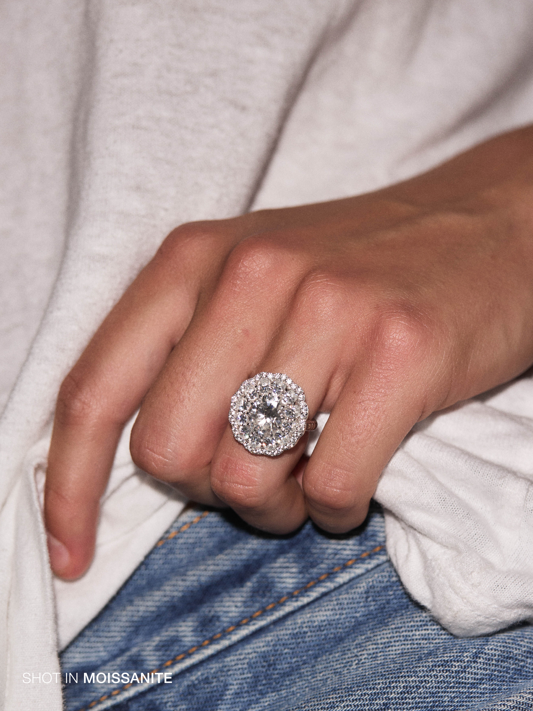 14K TATE RING IN DEEP LAB EMERALD AND LAB DIAMOND, 14K WHITE GOLD