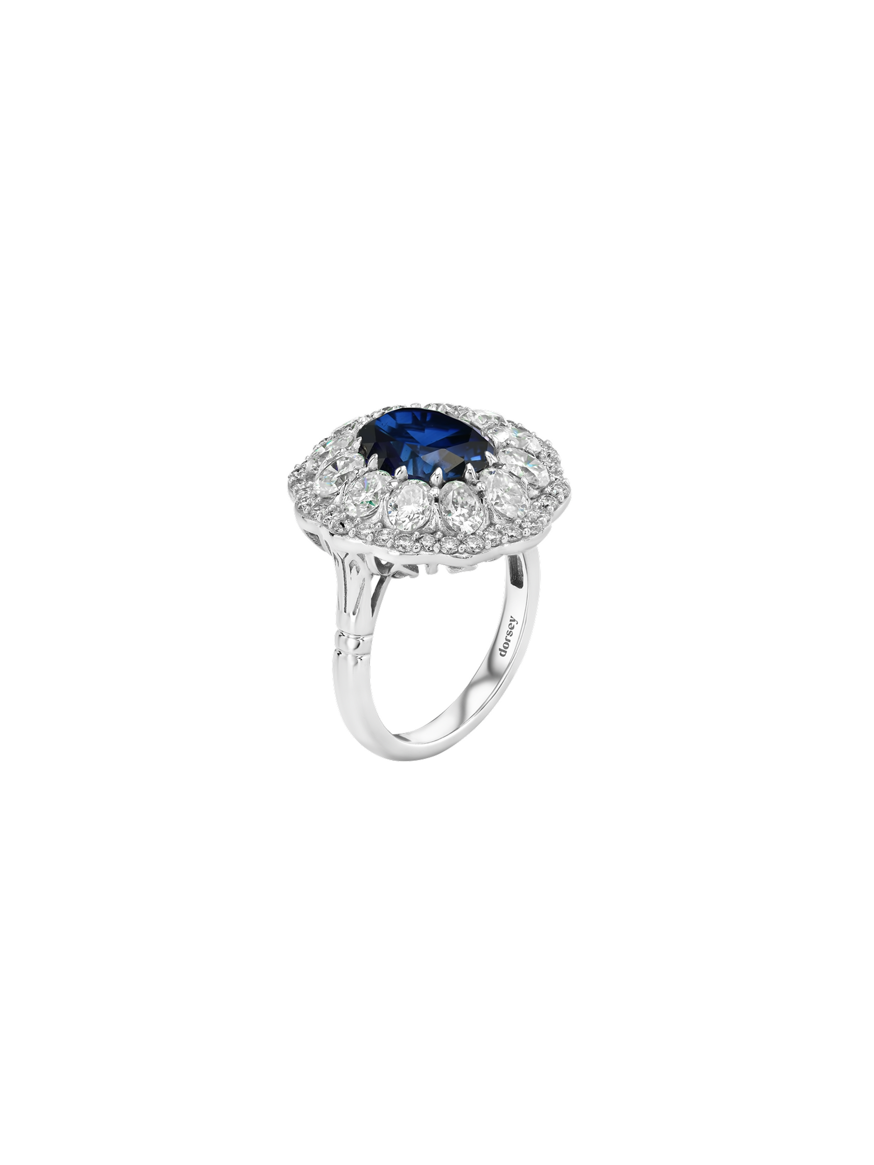 TATE RING IN LAB BLUE SAPPHIRE AND MOISSANITE, STERLING SILVER