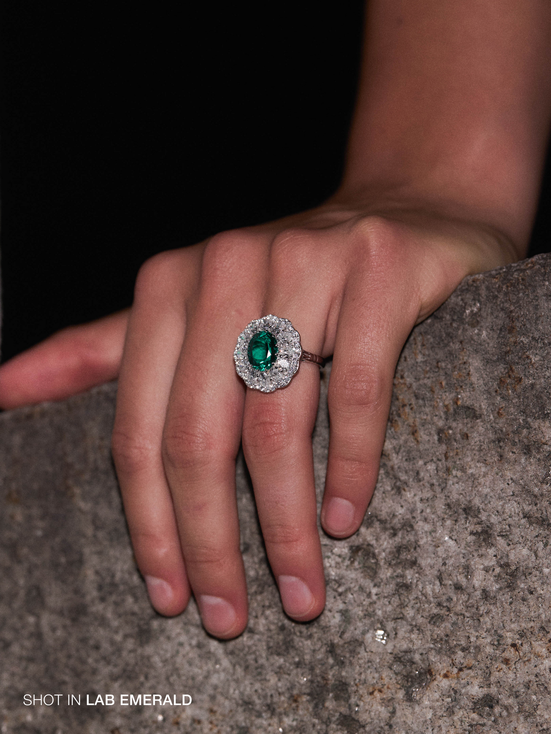 14K TATE RING IN DEEP LAB EMERALD AND LAB DIAMOND, 14K WHITE GOLD
