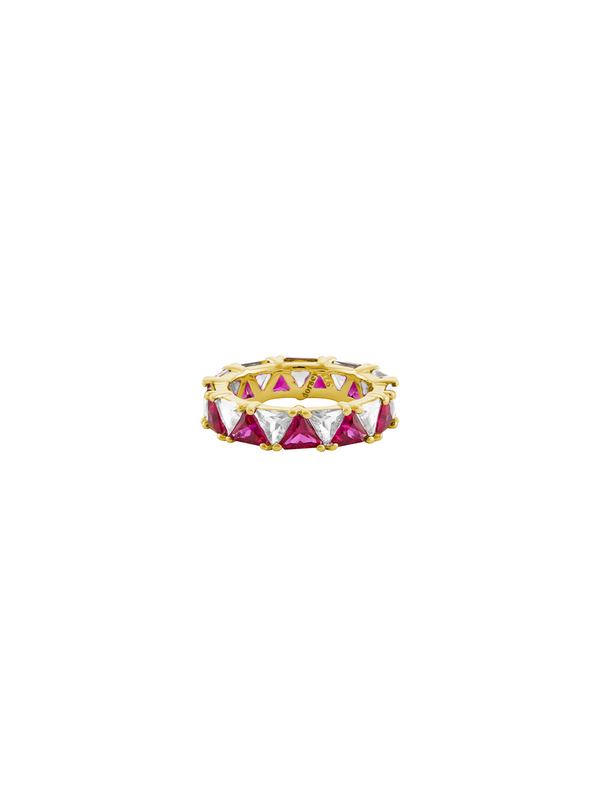 THEODORA DOUBLE TRILLION, LAB-GROWN WHITE AND RED SAPPHIRE RING, GOLD