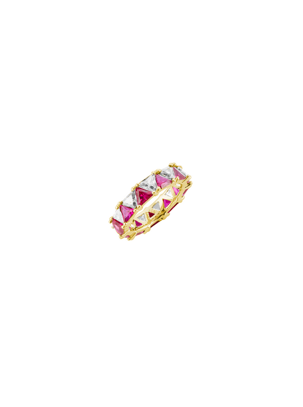 THEODORA DOUBLE TRILLION, LAB-GROWN WHITE AND RED SAPPHIRE RING, GOLD