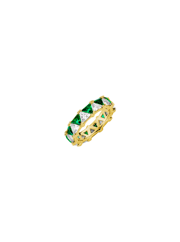 THEODORA DOUBLE TRILLION, LAB-GROWN WHITE SAPPHIRE AND EMERALD RING, GOLD