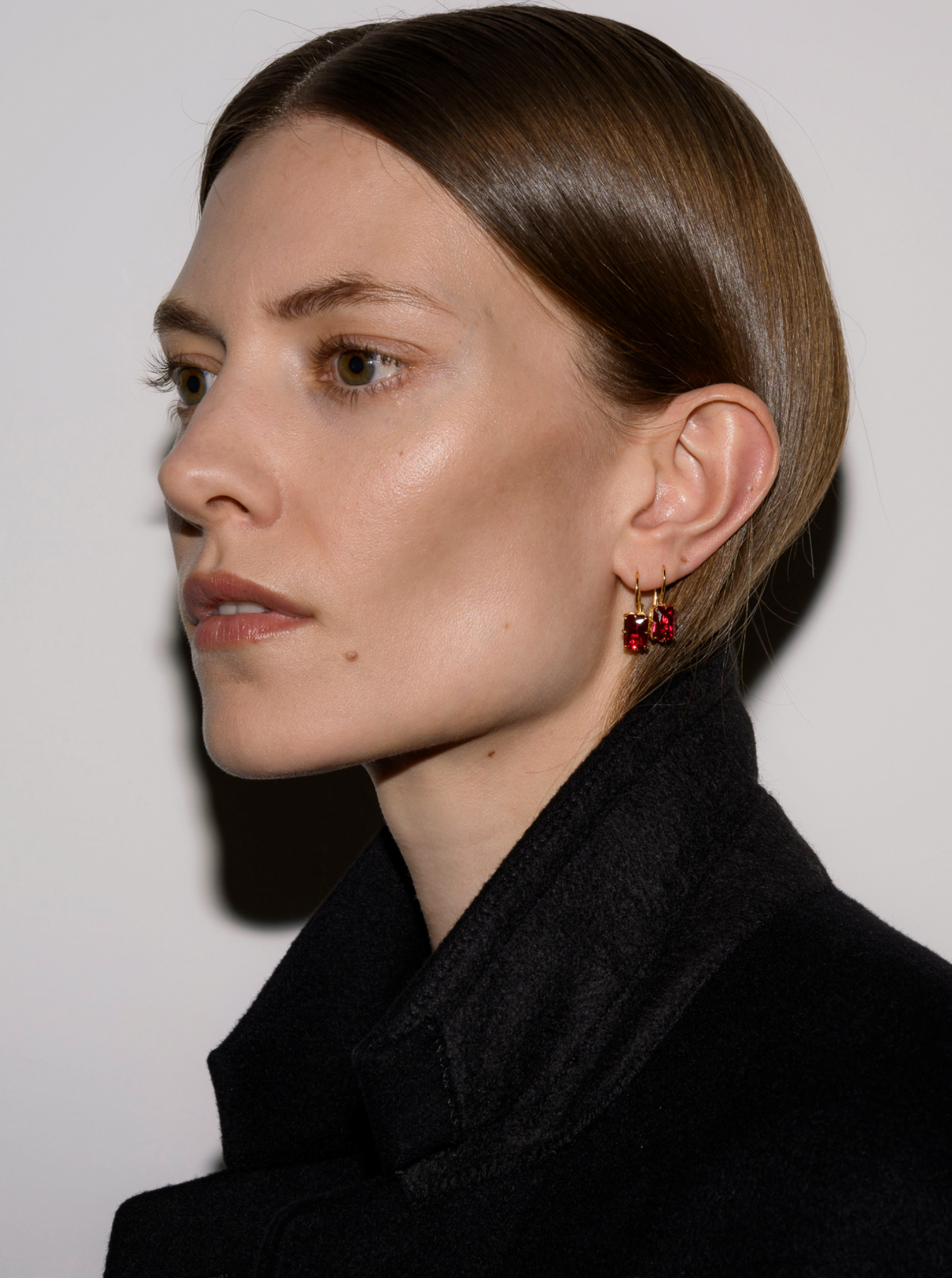 EMILE RADIANT CUT 8-PRONG LAB RED SAPPHIRE EARRINGS, GOLD
