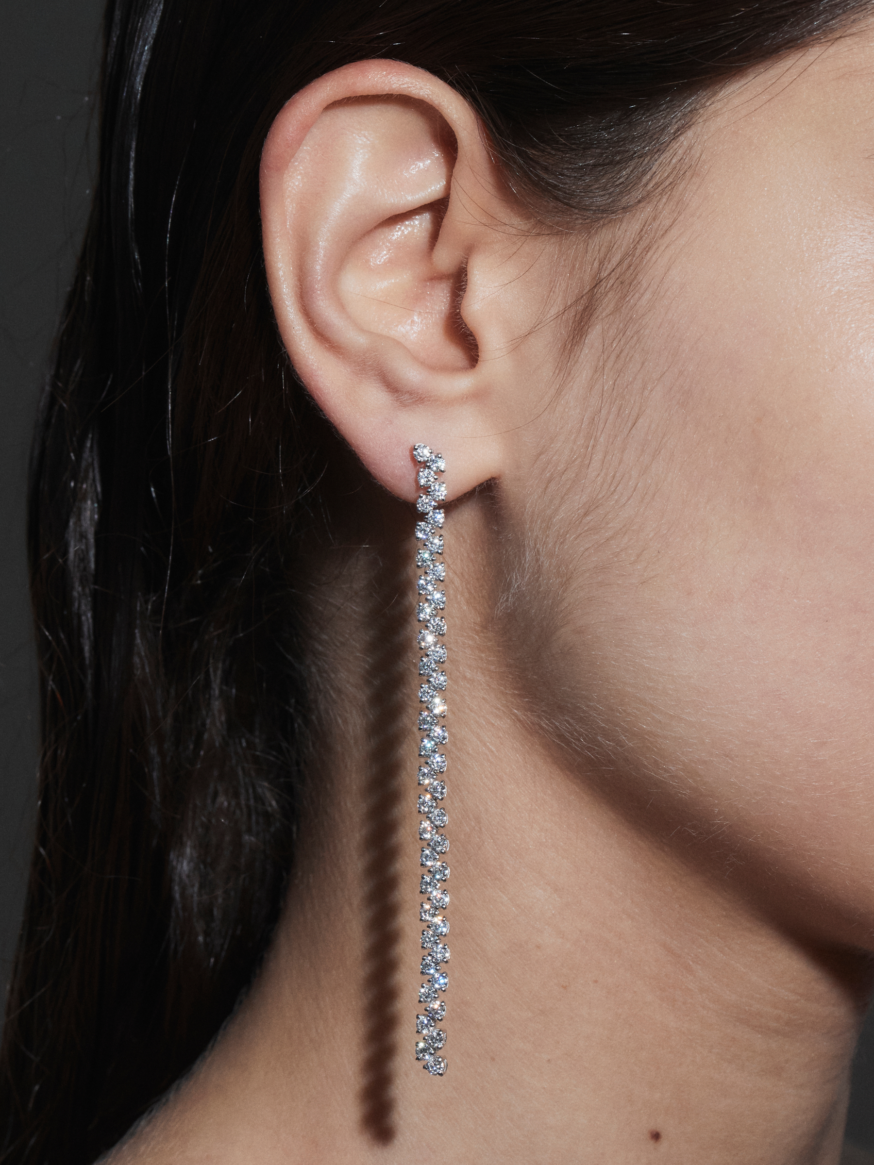 ROMY LONG RIVIÈRE EARRINGS IN MOISSANITE, STERLING SILVER