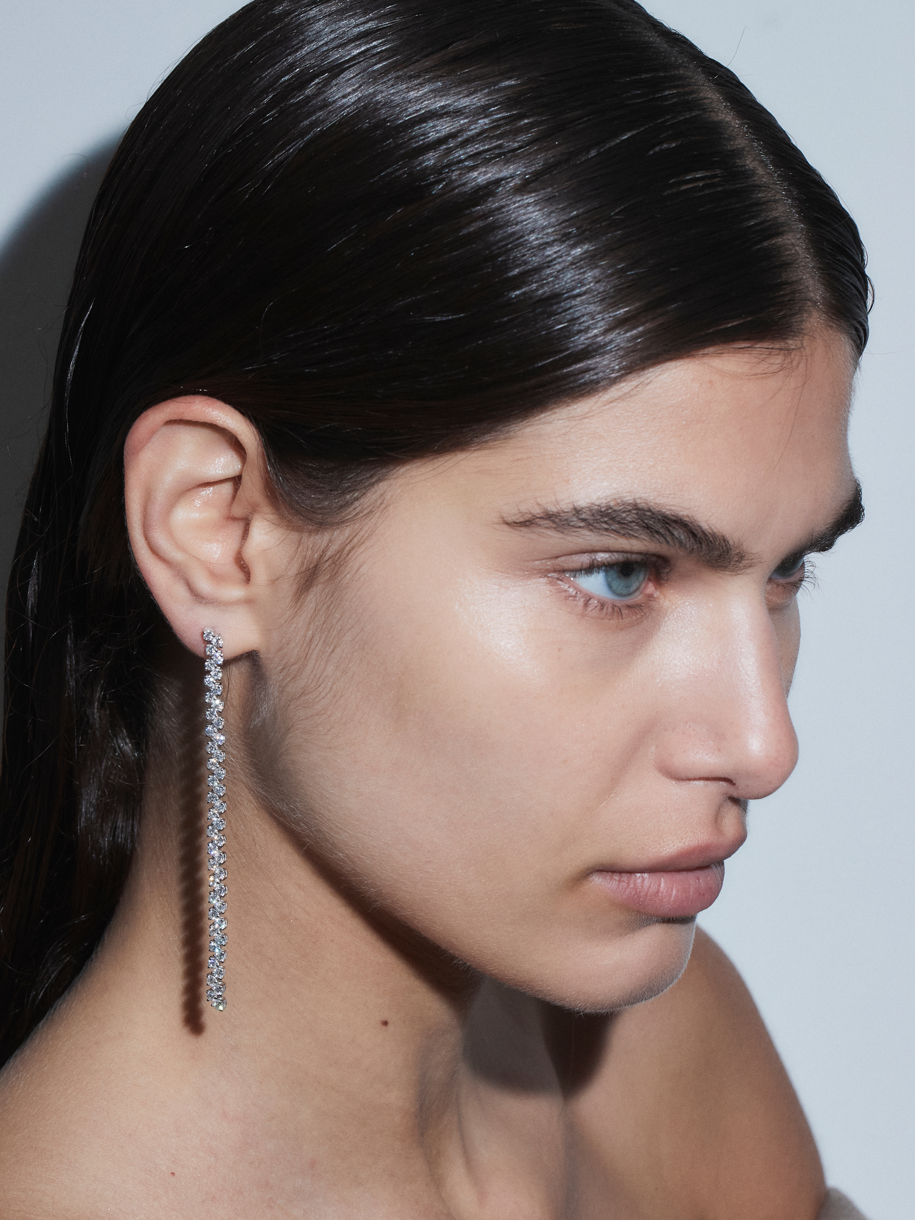 ROMY LONG RIVIÈRE EARRINGS IN MOISSANITE, STERLING SILVER
