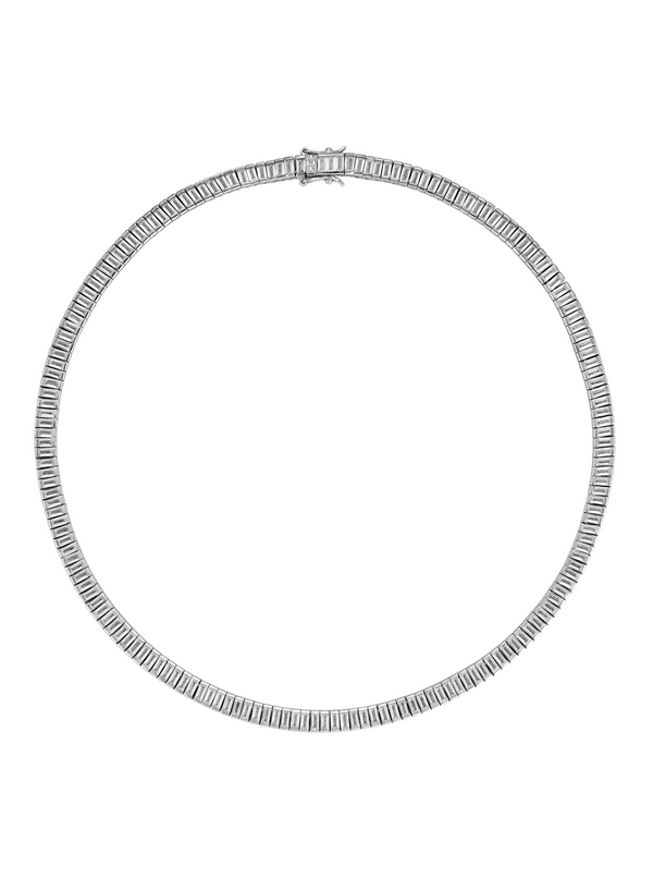 PETITE BESSETTE, LAB-GROWN WHITE SAPPHIRE BAGUETTE SILVER RIVIÈRE NECKLACE